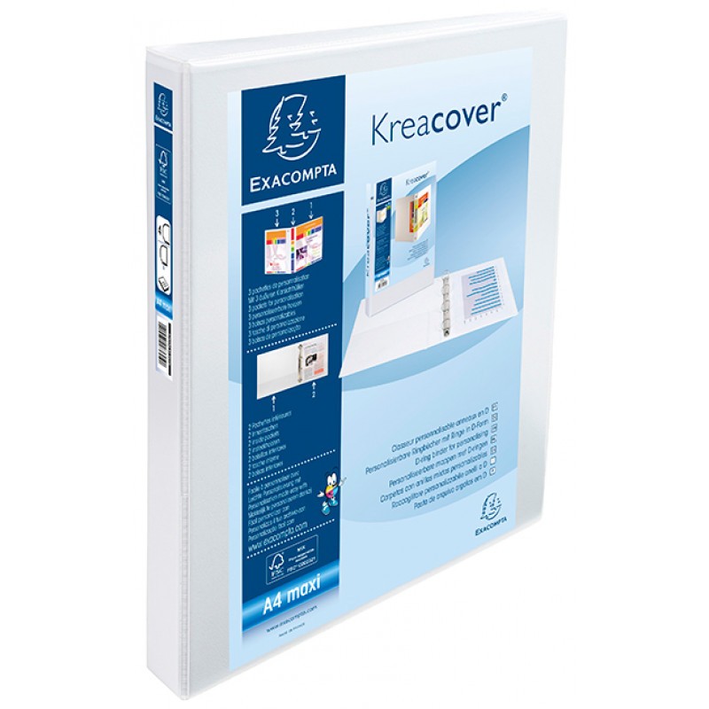 Classeur A4+ Kreacover® personnalisable blanc 4 anneaux en D ø22mm dos de 44 mm. 230 feuilles.