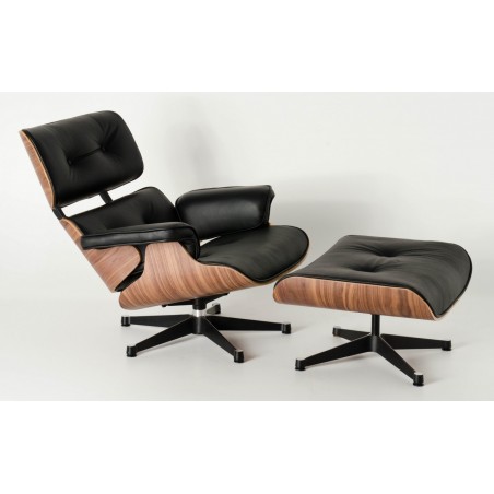 Fauteuil Replica Eames Lounge Chair + Ottoman - Black Leather Walnut Frame